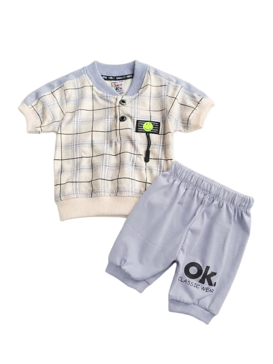 Plaid Button-Collar T-Shirt & "OK Classic" Short Set