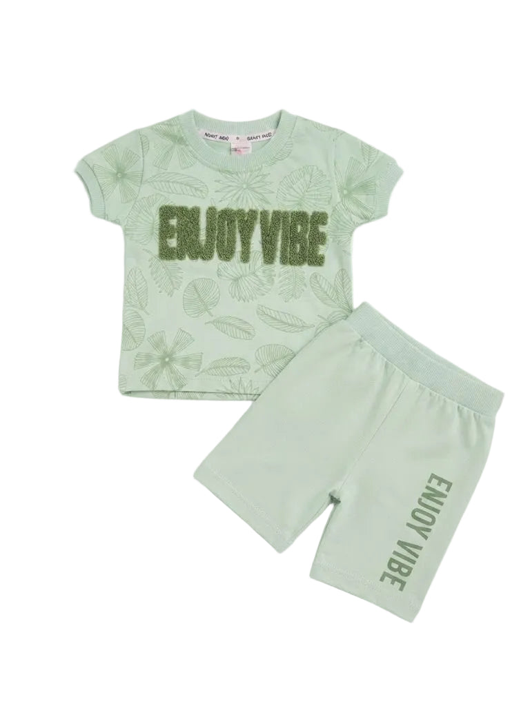 ENJOY VIBE" Leaf-Print T-Shirt & Short Set