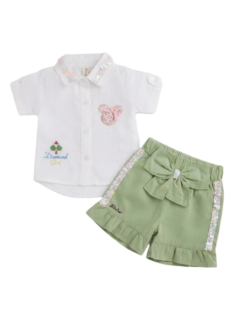 Diamond Girl" Sequins Shirt & Bow-Accent Short Set