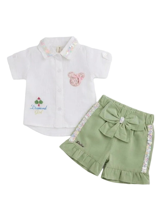 Diamond Girl" Sequins Shirt & Bow-Accent Short Set
