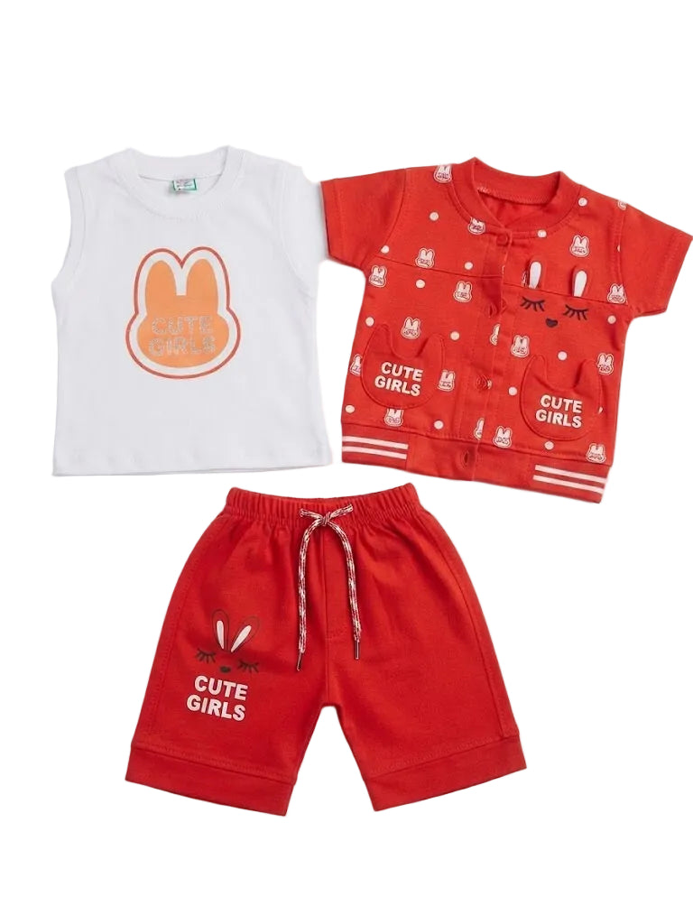 "CUTE GIRLS" Bunny-Themed 3-Piece Tank, Cardigan & Short Set