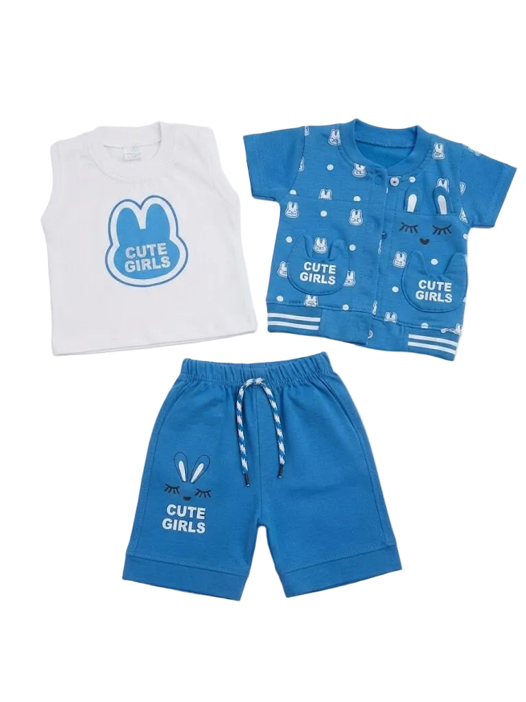"CUTE GIRLS" Bunny-Themed 3-Piece Tank, Cardigan & Short Set