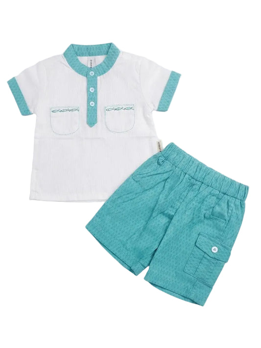 Patterned Trim Polo Shirt & Cargo Short Set