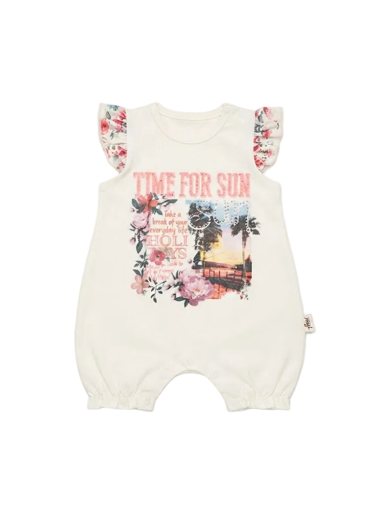 "Time For" Tropical Floral Ruffle-Sleeve Baby Romper
