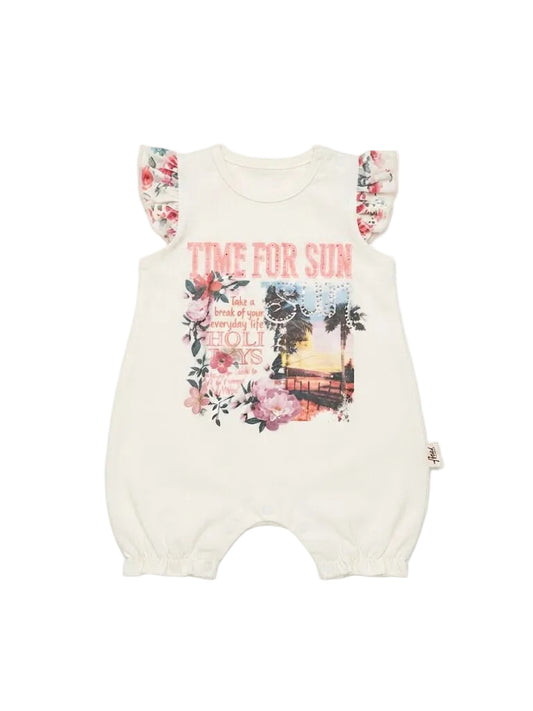 "Time For" Tropical Floral Ruffle-Sleeve Baby Romper