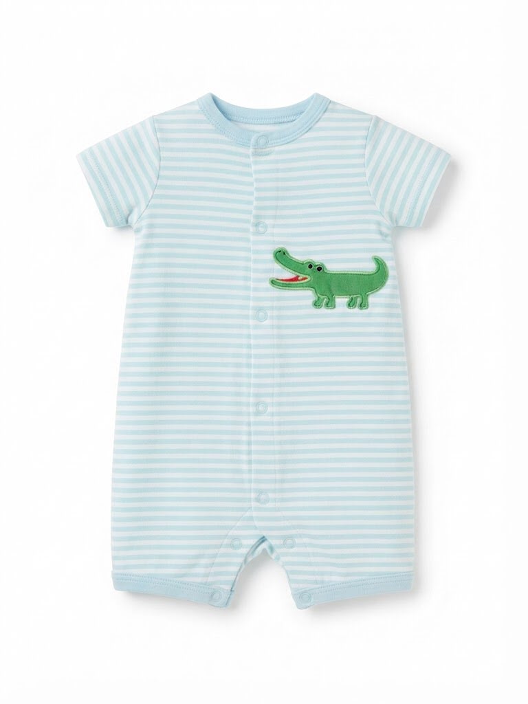 Striped Crocodile Patch Front-Snap Baby Romper