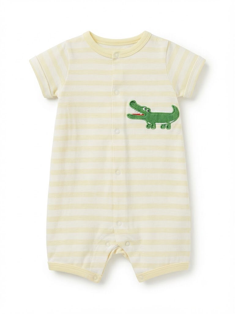 Striped Crocodile Patch Front-Snap Baby Romper