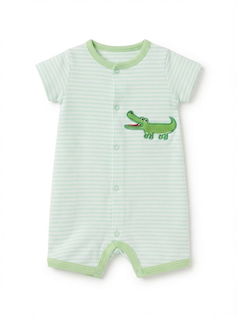 Striped Crocodile Patch Front-Snap Baby Romper